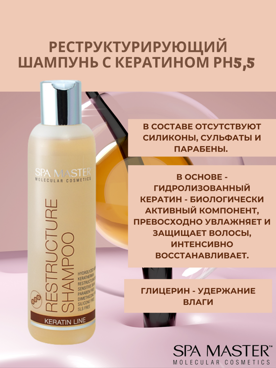SPA MASTER НАБОР ПО УХОДУ ЗА ВОЛОСАМИ “РЕСТРУКТУРИРУЮЩИЙ”: Реструктурирующий шампунь с кератином, 200мл + Реструктурирующий бальзам для волос с кератином, 200мл