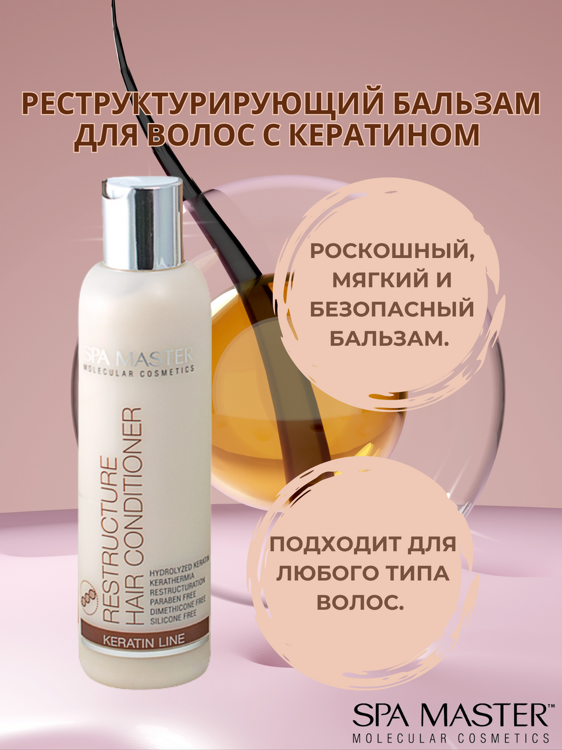 SPA MASTER НАБОР ПО УХОДУ ЗА ВОЛОСАМИ “РЕСТРУКТУРИРУЮЩИЙ”: Реструктурирующий шампунь с кератином, 200мл + Реструктурирующий бальзам для волос с кератином, 200мл
